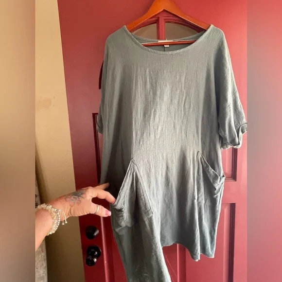 Khaki colored 100% cotton short sleeve loose fitting dress/coverup. Never worn - Picture 2 of 8